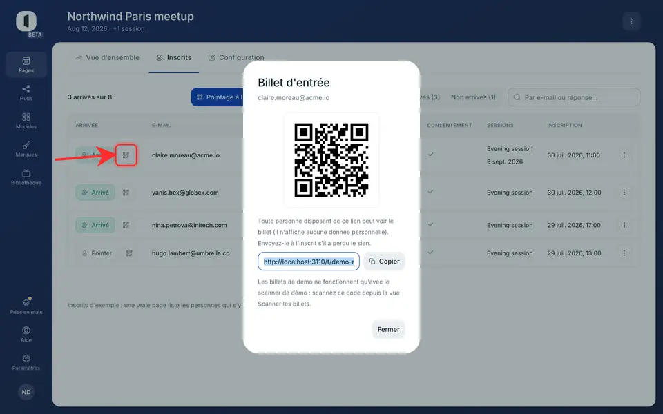 La copie organisateur d'un billet, réouverte depuis la ligne de l'inscrit.