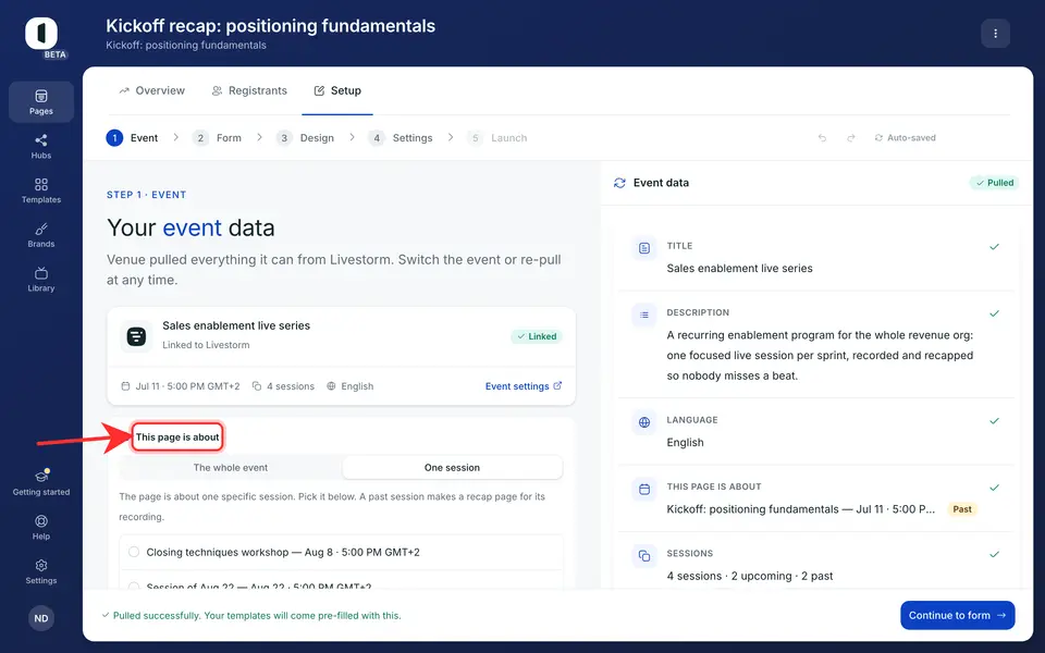 On step 1 · Event, once the event data is pulled, find the “This page is about” block under the event card.