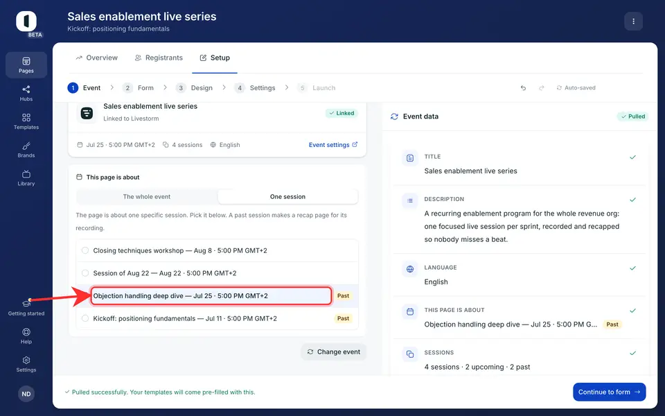In “One session” mode, pick the session from the list: upcoming sessions first, then past ones (tagged “Past”). A past session turns the page into a recap of its recording.