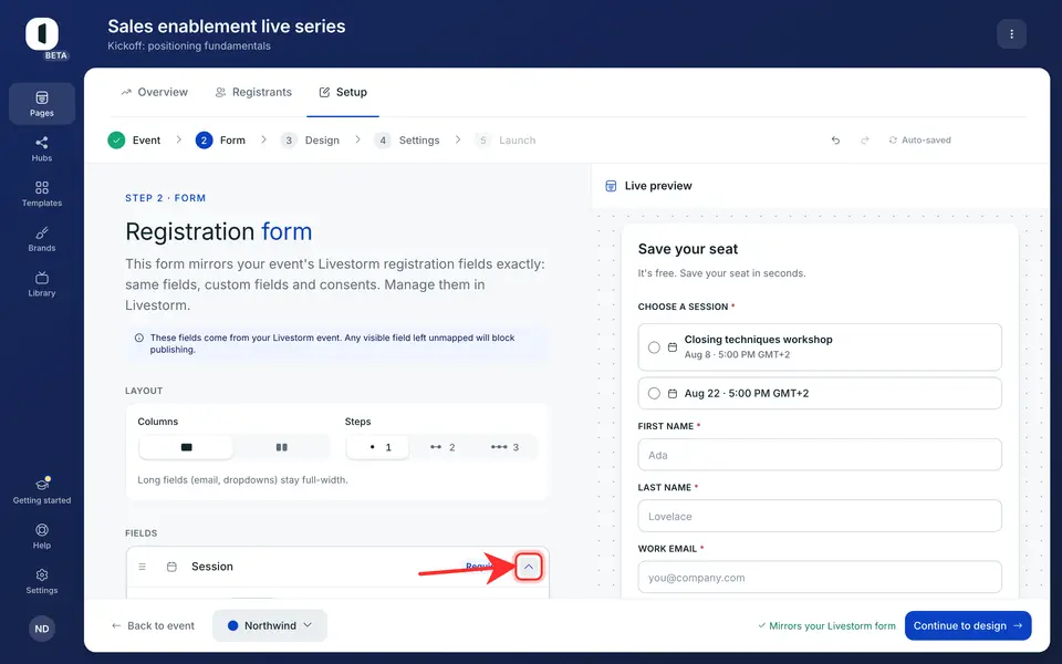 On step 2 · Form, open the “Session” row’s config (the settings icon) to set “Sessions to offer” — how many upcoming sessions the page presents.