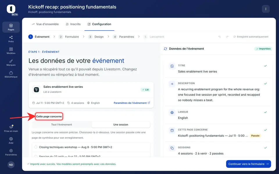 À l'étape 1 · Événement, une fois les données de l'événement importées, repérez le bloc « Cette page porte sur » sous la carte de l'événement.