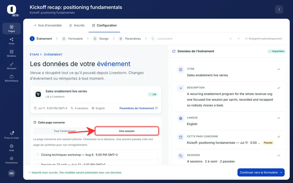 Choisissez « L'événement entier » (la ou les prochaines sessions à venir déterminent la date affichée) ou « Une session » pour la lier à une session précise.