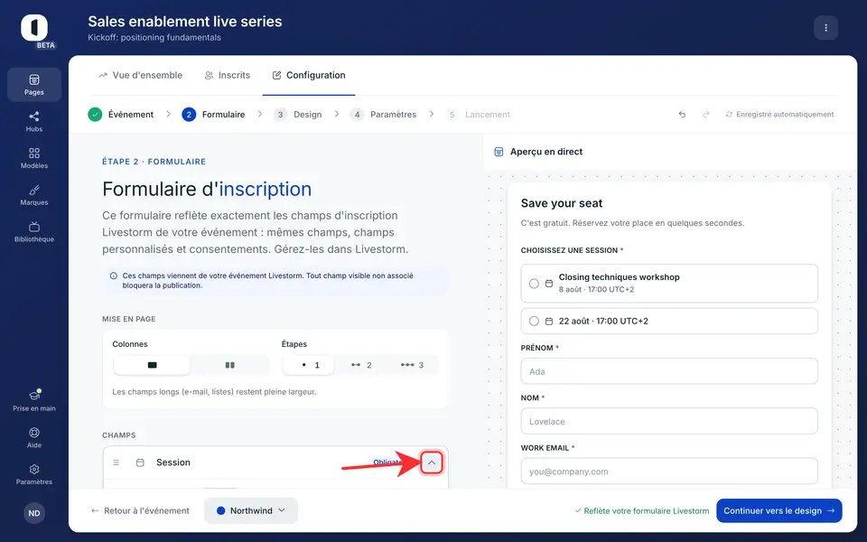 À l'étape 2 · Formulaire, ouvrez la configuration de la ligne « Session » (l'icône réglages) pour choisir « Sessions à proposer » — le nombre de prochaines sessions offertes.