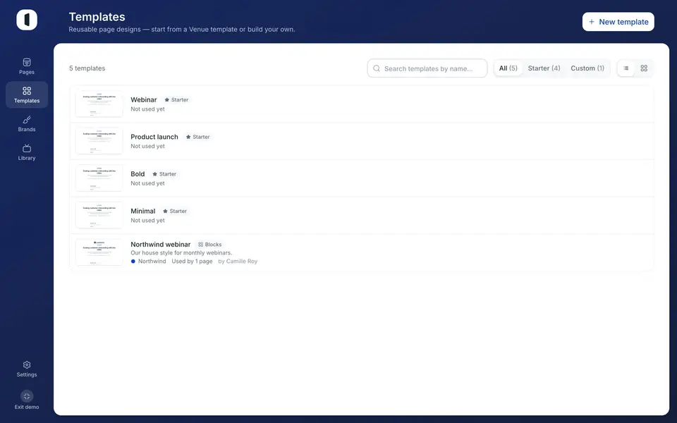 Open the Templates tab. You'll find the Venue Starters and your custom templates, with the All / Starter / Custom filters.