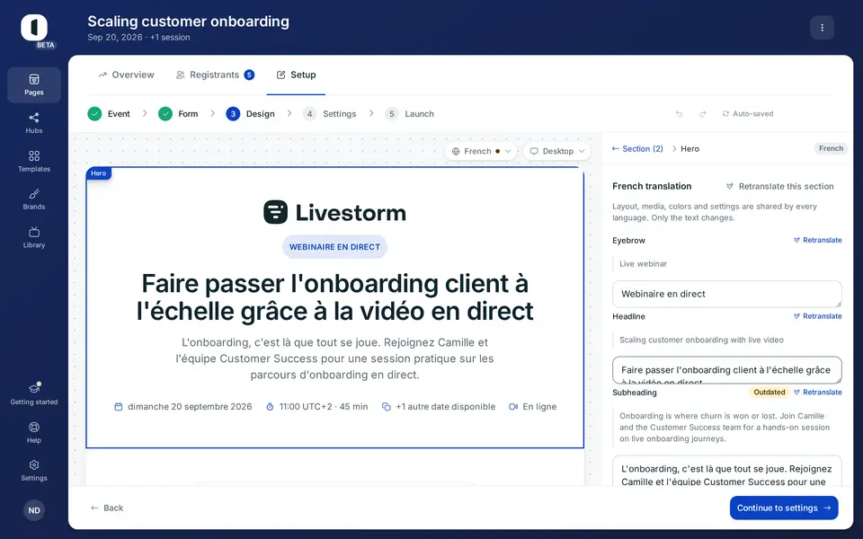 Show a language version from the language pill, then click a section in the overview. Each text shows its source above and its translation below. A text whose source changed since carries the Outdated tag; Retranslate drafts it again.