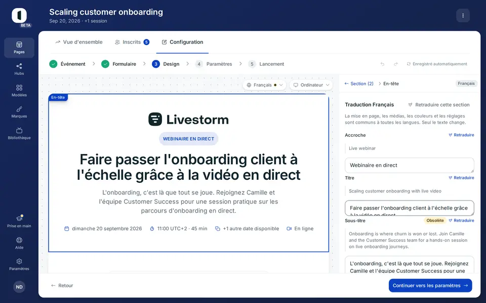 Affichez une version en langue depuis la pastille de langue, puis cliquez sur une section dans la vue d'ensemble. Chaque texte montre sa source au-dessus et sa traduction en dessous. Un texte dont la source a changé depuis porte l'étiquette Obsolète ; Retraduire le rédige à nouveau.