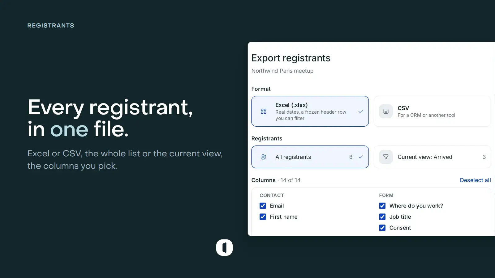 The Export registrants window in Venue: Excel (.xlsx) or CSV, all registrants or the current view (Arrived), and the columns grouped under Contact and Form, all ticked